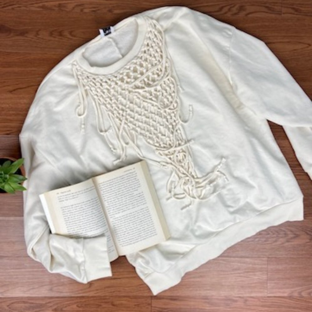 Zara Cream Fringe Detail Macrame Sweatshirt Oversized Crewneck - Size S